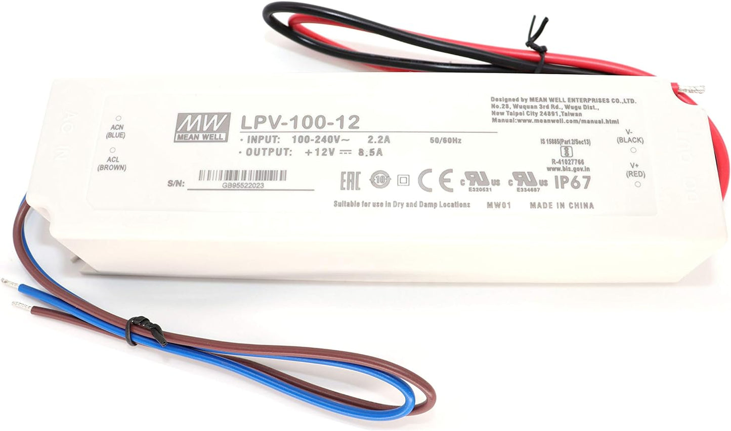 MEANWELL LPV-100-12 C.V Single Output Waterproof 100 Watt 8.5Amp 12VDC LED Driver IP67 for fixture or appliance