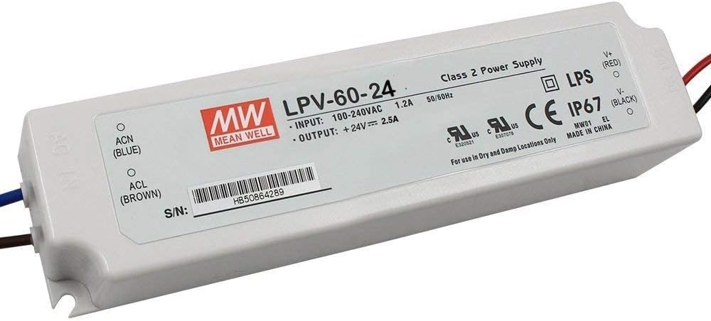 MEAN WELL LPV-60-24 60Watts 24VDC 2.5Amp C.V LED Driver Single Output Waterproof IP67 LED Power Supply Suitable for LED Strips Light