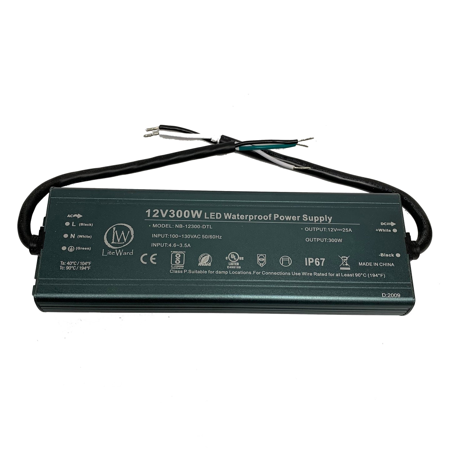 300W LiteWard DC-300W-UL12V LED Driver 25A Waterproof 12V AC 100-130V Constant Voltage UL Waterproof IP67 AC to DC for LED Strips and Modules