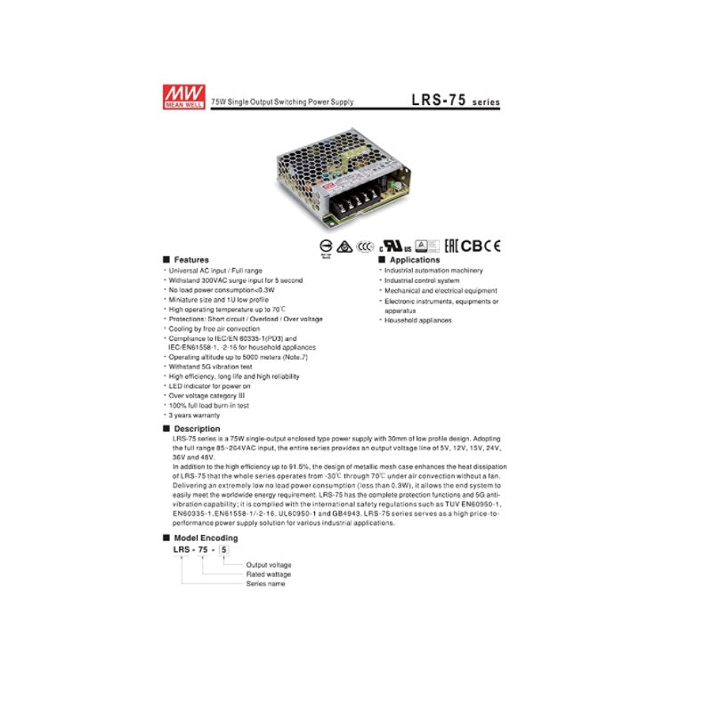 [Enclosed Type/LRS-75 Series/Industrial Application] MEAN WELL LRS-75-5 (70W 5V 14A) Single Output Switching Power Supply