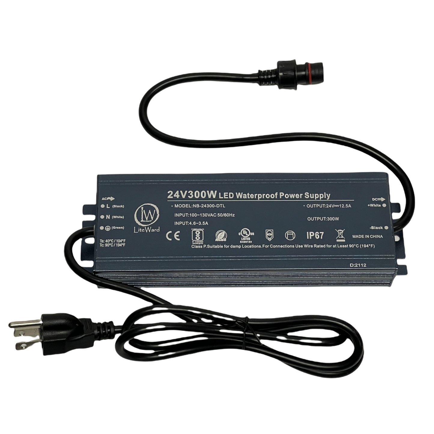 300W LiteWard DC-300W-UL24V Controlador LED 12.5A Impermeable 24V AC 100-130V Voltaje constante UL Impermeable IP67 AC a DC para tiras y módulos LED 
