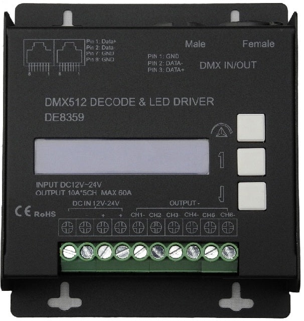 Decodificador DMX512/1990 6 canales 10A/CH 5Pin RJ45 XLR5 sin parpadeo W-RGBW-WW DE8359