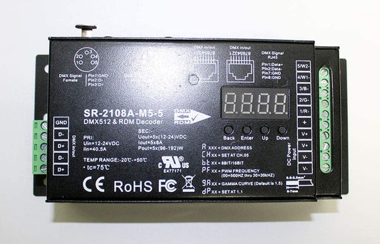 ICON-DMX5 RDM DMX512 Atenuación SIN PARPADEO 5 CANALES UL PWM DMX DECODIFICADOR PANTALLA DIGITAL 5X8A 480W 40A W-RGB-WW RGB+CCT Control de luz LED