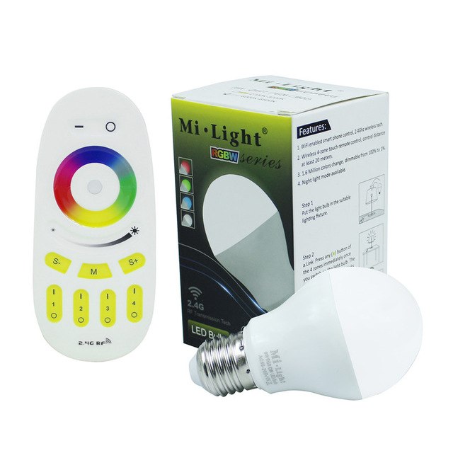 E27 6W Milight RGBW RGBWW bombilla LED con 2,4G 4 zonas inalámbrico led RF control remoto regulable luz LED decoración del hogar